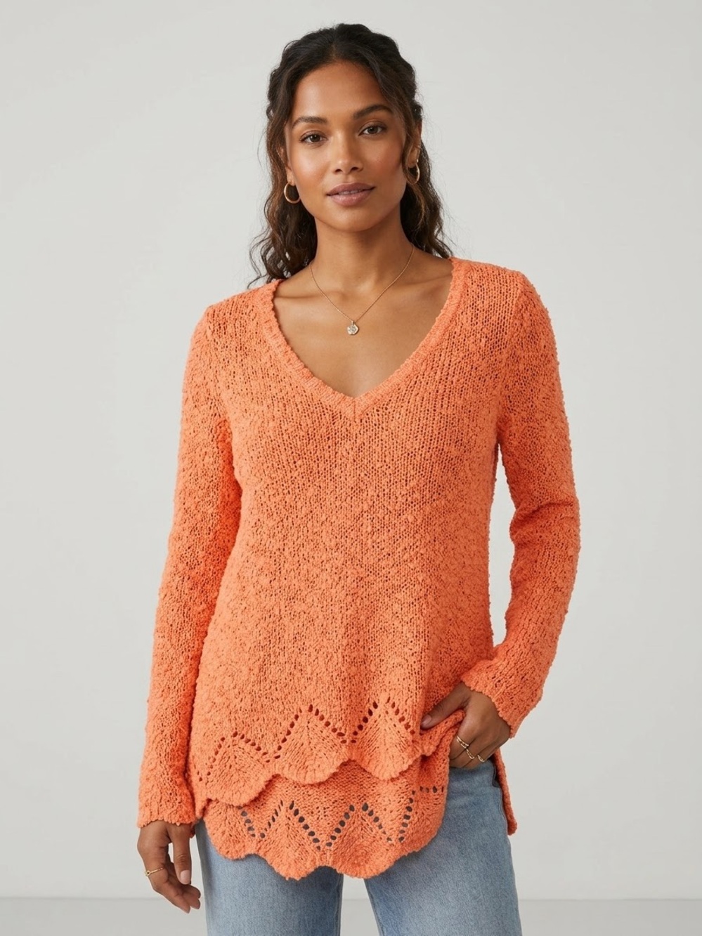 Anthropologie Yellow Bird Open Knit Sweater Salmon Orange V-Neck Pointelle Hem S